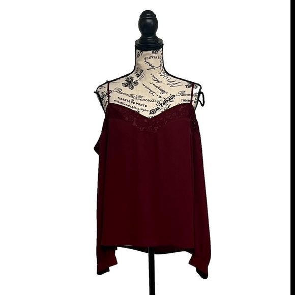 Express Burgundy Lace Trim Cold Shoulder Cami Top Blouse L Chiffon Romantic Goth - Picture 2 of 11